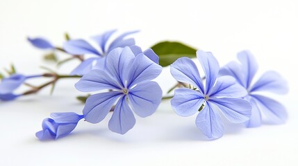 A delicate Cape leadwort, also known as white plumbago, featuring a close-up of its small blue flower against a white background.
