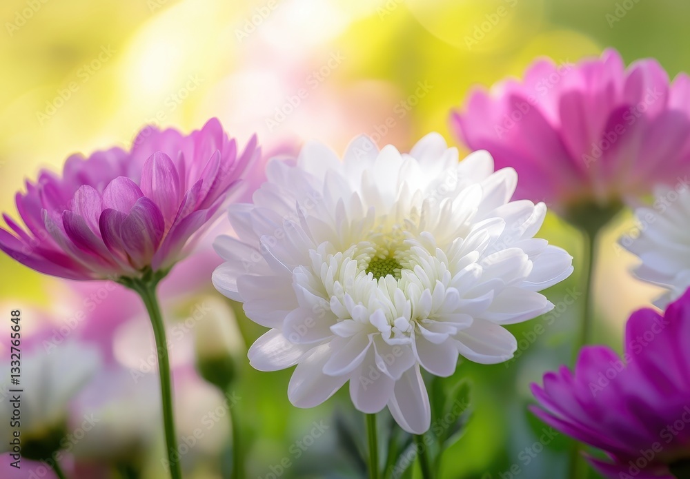 Poster vibrant close-up of colorful daisies with soft background and shimmering light in garden setting