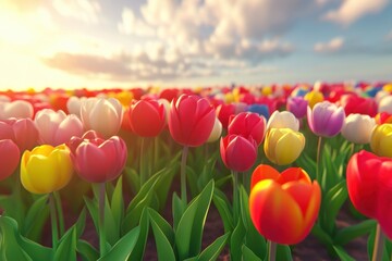 Colorful tulip field in vibrant bloom during golden hour by the setting sun