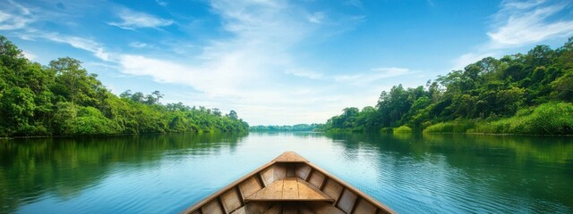 Obraz premium Tranquil Scenic View from a Canoe on a Serene River Environment