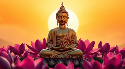 Serene Buddha Statue at Sunset Golden Lotus Field