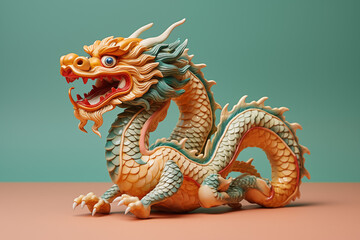 Fototapeta premium A beautifully crafted dragon sculpture featuring vibrant colors and intricate details. The dragon sits on a pink background, showcasing its majestic form.