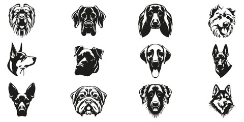 Dog Breed Head Silhouettes Solid Icon Set. Canine Face Collection Featuring Various Purebred and Mixed Dog Breeds for Pet Identification and Animal Lovers. Silhouette Symbol Collection. Isolated Vecto