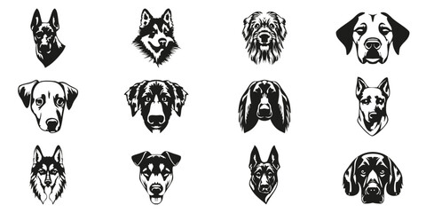 Dog Breed Head Silhouettes Solid Icon Set. Collection of Canine Portraits Featuring Various Purebred and Mixed Dog Breeds for Pet Identification, Training, and Animal Lovers. Silhouette Symbol Collect