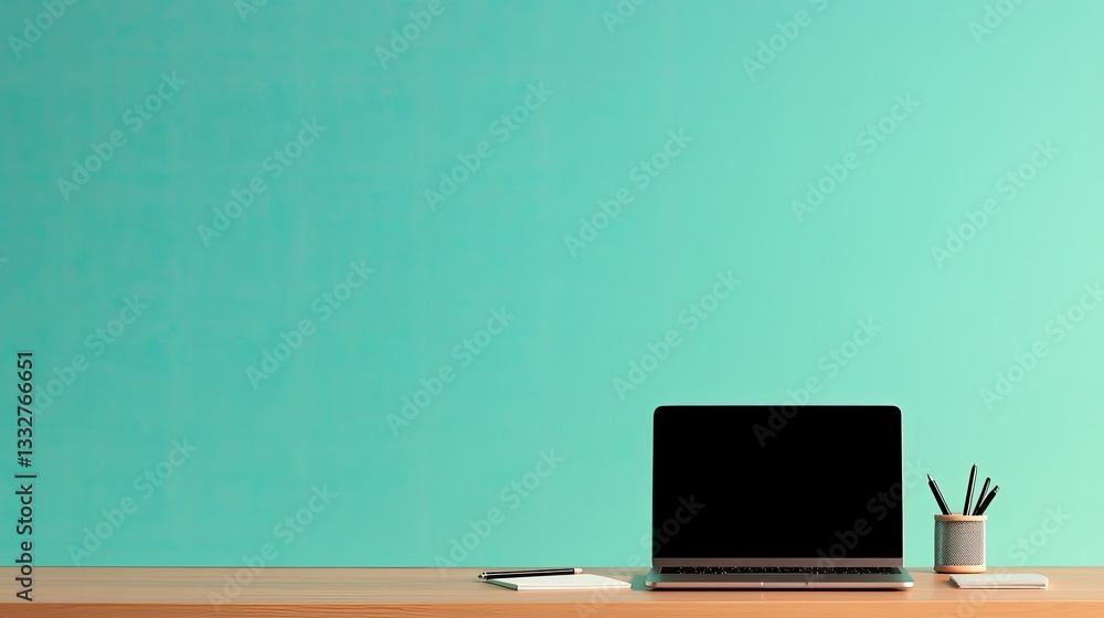 Poster laptop sits open on wooden desk vibrant color background in studio light with minimalistic clean ima