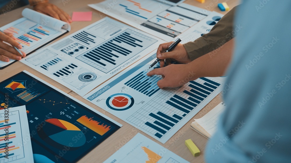 Poster a group of professionals collaborates over various business charts and graphs, engaging in lively di