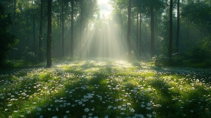 Fototapeta premium Sunbeams Illuminate a Mystical Forest Meadow