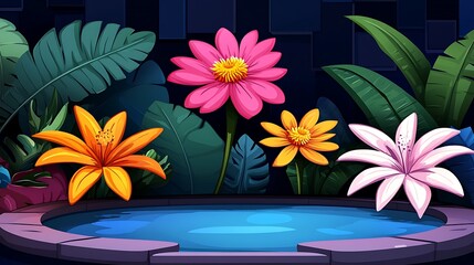 Exotic tropical blossoms with a mesmerizing pool in a serene dark setting