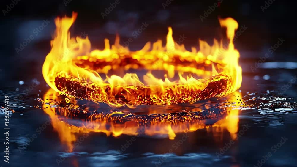 Poster Flame forms a captivating ring shape with vibrant colors and dynamic movement in a dark setting, spectacular appearance of a flame in a ring shape