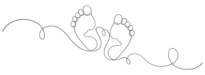 Continuous one line art drawing of little baby feet. Vector eps
