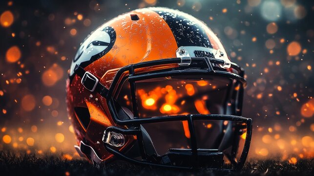 American football helmet on grass field with orange and black colors