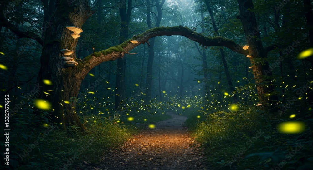 Poster enchanted forest path - a magical forest path illuminated by fireflies, leading through ancient tree