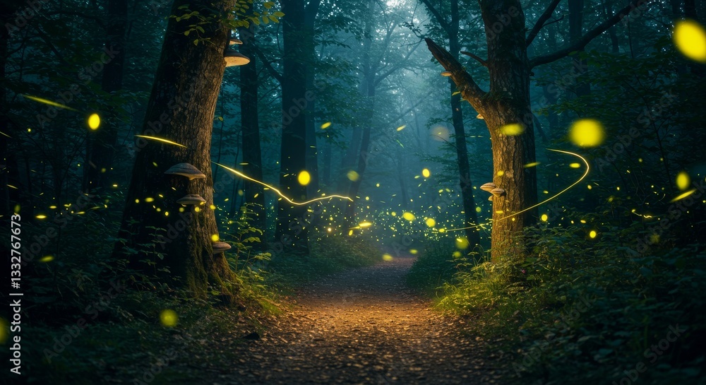 Poster enchanting firefly forest path - magical forest path at night illuminated by fireflies, creating a w