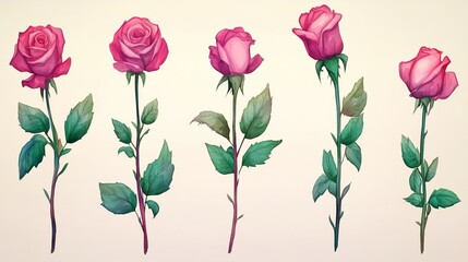 Naklejka premium A set of hand-drawn watercolor pink roses in various blooming stages, ideal for romantic floral decorations, wedding bouquets, or Valentine's Day cards. 