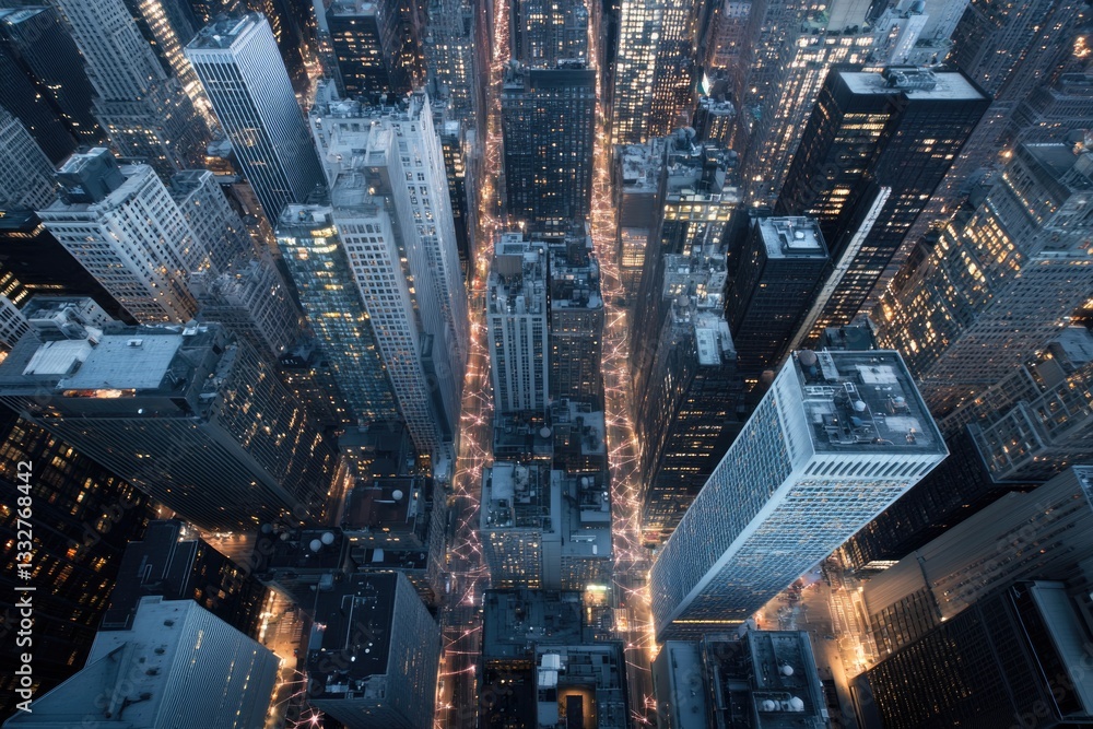 Poster aerial view of high-tech cityscape at night glowing with interconnected lights symbolizing data flow
