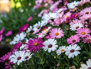Obraz premium Vibrant Collection of White, Pink, and Purple Daisies in a Sunny Garden Setting During Springtime Bloom to Create a Colorful Floral Display