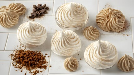 Delicious Cinnamon Swirl Meringues on White Tile Background