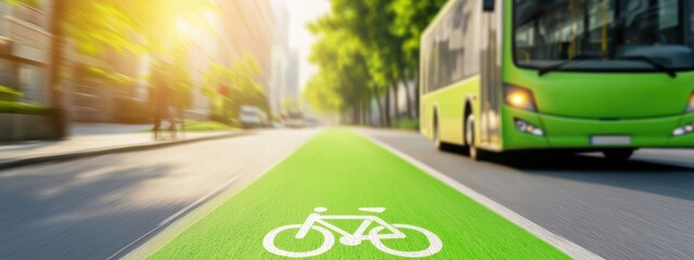 Vibrant Bike Path Next to Urban Street with Public Green Bus
