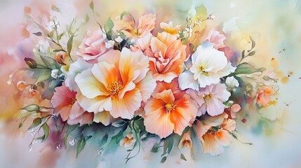 A watercolor painting capturing the delicate beauty of a floral bouquet.