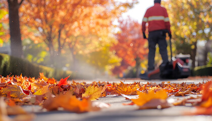 Close-up of a Landscaper Clearing Autumn Leaves with a Leaf Blower on a Sunny Day. Concept of Outdoor Maintenance, Seasonal Chores, and Professional Landscaping
