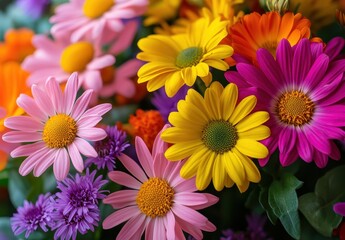 Vibrant Colorful Flower Bouquet with Pink, Yellow, Orange, and Purple Blooms in a Bright Arrangement on a Beautiful Spring Day