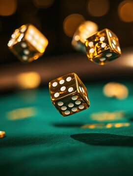 Golden dice roll across a velvet green casino table under glowing lights, evoking high stakes and luxury Generative AI
