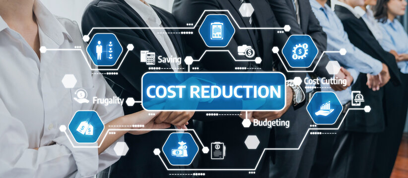A diverse group of professionals discusses cost reduction strategies. Visual icons represent budgeting, savings, and financial management, enhancing collaboration and efficiency. Amity