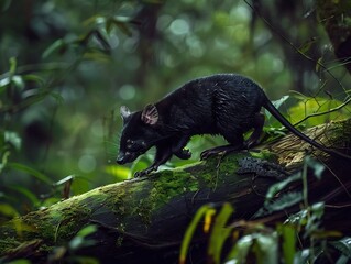 Obraz premium Tasmanian Devil cautiously stepping onto fallen log dense temperate rainforest claw gripping moss covered bark carefully maneuver through thick undergrowth deep green of rainforest diffused light