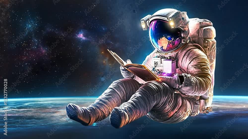 Poster astronaut reading a book while floating in space with earth in the background