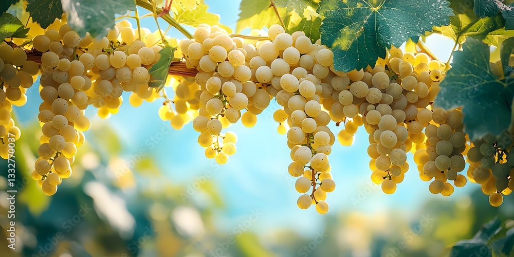 Poster rows of ripe grapes hanging in the vineyard under soft sunlight. generative ai