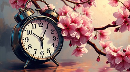 Vintage Alarm Clock and Blooming Pink Cherry Blossoms in Springtime, Symbolizing Time, Renewal, and Nature's Beauty