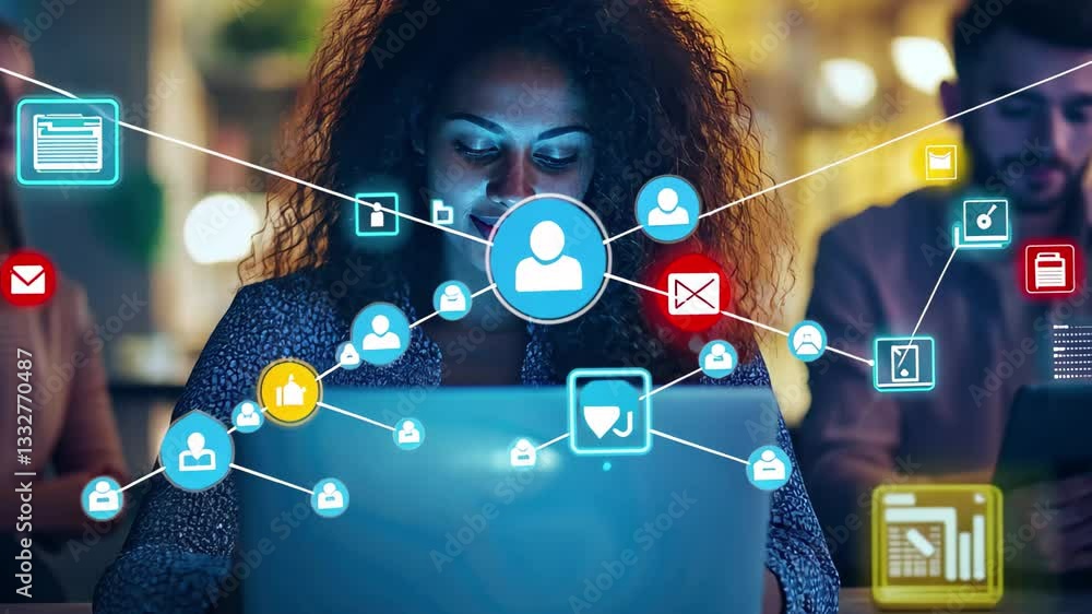Poster diverse colleagues engaged in data processing with digital media icons at a work environment in the 