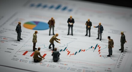 miniature human figures standing over charts and graphs