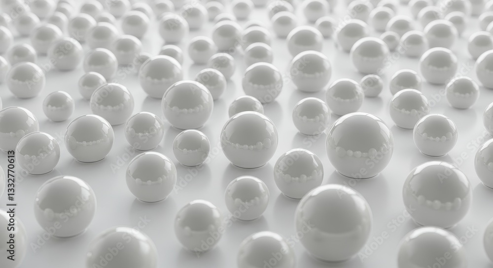 Poster glossy white sphere pattern on smooth surface - abstract of numerous glossy white spheres arranged i