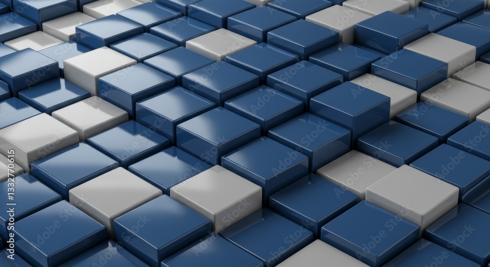 Poster glossy blue and white cube grid up view - abstract 3d of glossy blue and white cubes arranged in a g