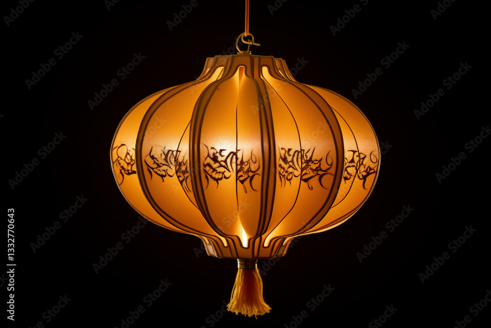 Poster beautiful traditional lantern with intricate patterns illuminated against a dark background. ideal f