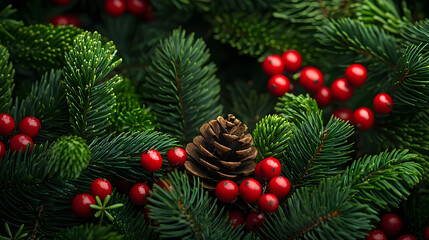 Fototapeta premium Close Up of Holly Berries, Pine Cones, and Green Foliage with Realistic Texture and Shading