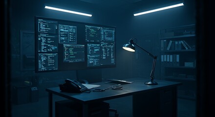 Monitoring Screens with Code on Desk with Lamp in Dark Room