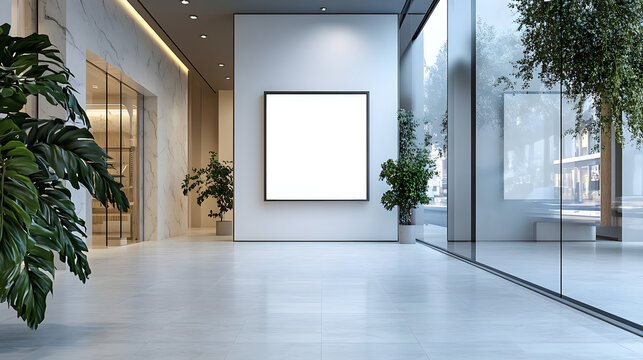 Blank Framed Canvas on Modern Interior Wall with Marble Floor and Plants