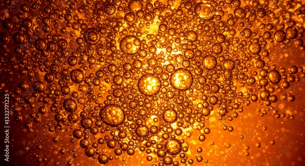 Poster golden bubbles abstract background - close-up of numerous golden bubbles in a liquid, creating an ab