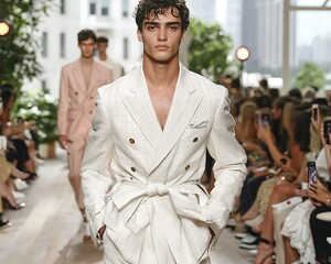 A male model walks the runway wearing a stylish white suit