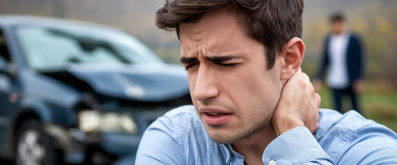 Close-up of man holding neck, appearing in pain, with blurred wrecked car in background, conveying concept of car accident injury and distress
