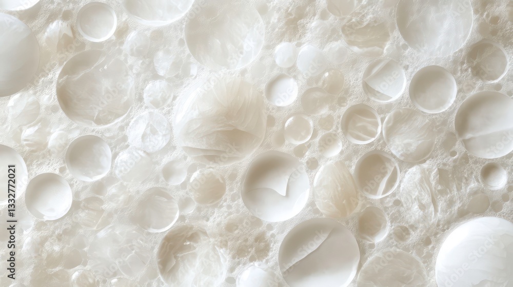 Poster foamy texture displaying soft circular bubbles in a white and airy design, emphasizing lightness and