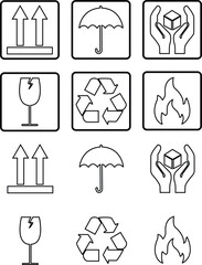 Common packaging, warning symbol set. line style icons with frame Isolated on transparent background.