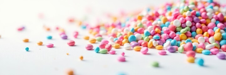 Obraz premium Rainbow sprinkles scattered on white, vibrant & dense , colorful confetti, bright