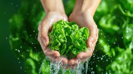 Fresh Green Lettuce in Hands with Water Splash on Vibrant Background