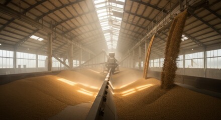 Fototapeta premium Grain Storage and Processing Facility - Vast industrial warehouse filled with grain, showcasing efficient agricultural processing and storage