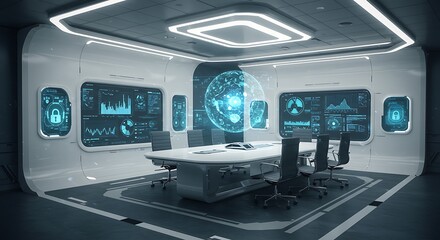 Futuristic Meeting Room with Digital Displays and a Global Projection