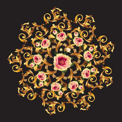 Floral pattern with roses. Round, circle design. Background in baroque, rococo, victorian, renaissance style.