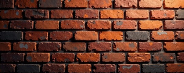 Obraz premium Rough-hewn brick wall, deep shadows, varying brick hues, pattern, building